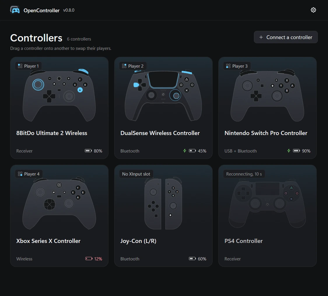 The OpenController window with six connected controllers, each drawn in its own shape.