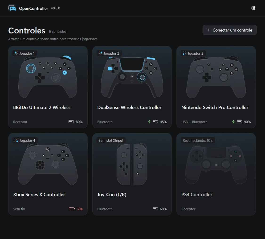 A janela do OpenController com seis controles conectados, cada um desenhado no seu formato.